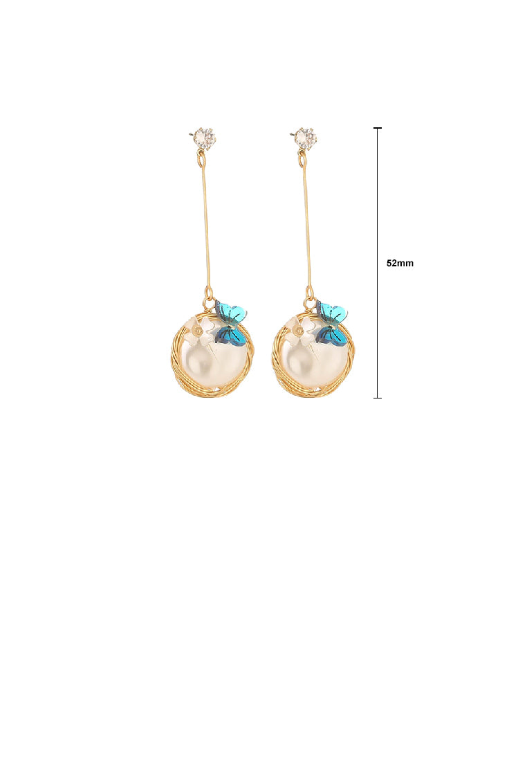 Fashion Elegant Plated Gold Butterfly Geometric Round Tassel Earrings with Imitation Pearls