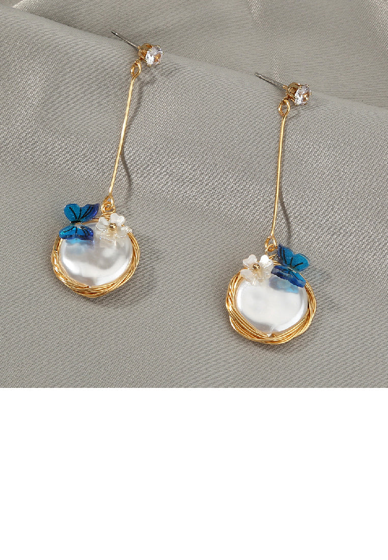 Fashion Elegant Plated Gold Butterfly Geometric Round Tassel Earrings with Imitation Pearls