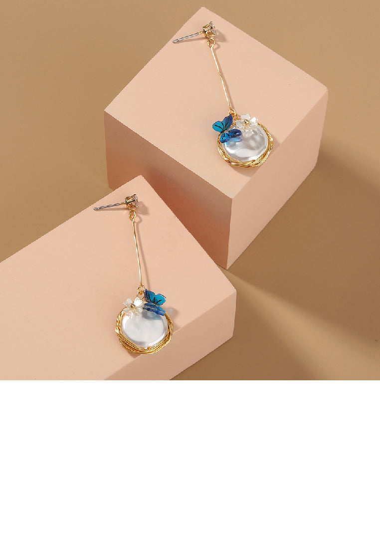 Fashion Elegant Plated Gold Butterfly Geometric Round Tassel Earrings with Imitation Pearls