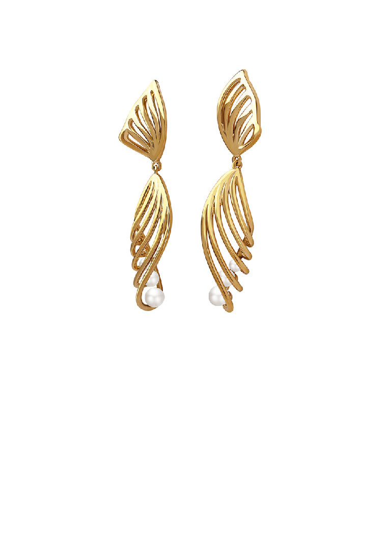 Fashion Temperament Plated Gold 316L Stainless Steel Hollow Ribbon Earrings with Imitation Pearls