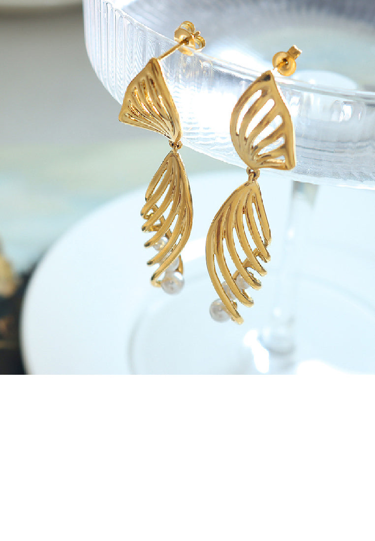 Fashion Temperament Plated Gold 316L Stainless Steel Hollow Ribbon Earrings with Imitation Pearls