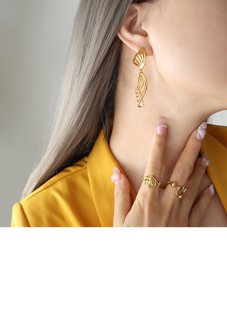 Fashion Temperament Plated Gold 316L Stainless Steel Hollow Ribbon Earrings with Imitation Pearls