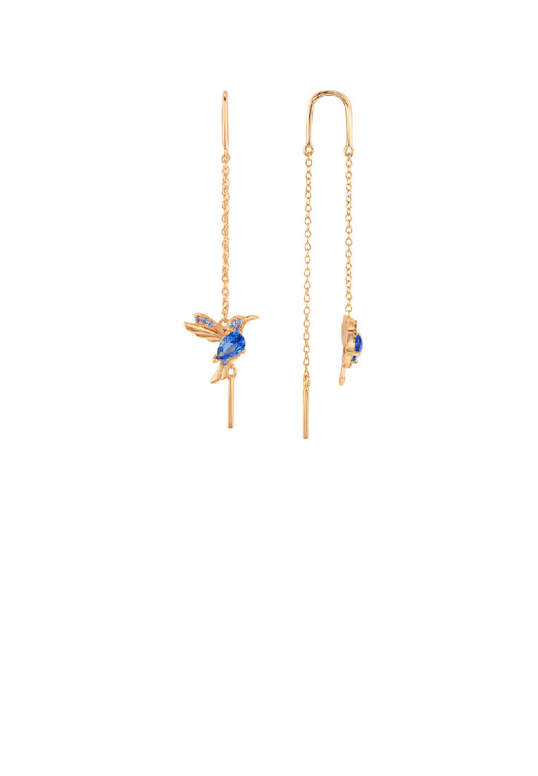 925 Sterling Silver Plated Gold Fashion Swallow Tassel Earrings with Blue Cubic Zirconia - Luxurious Look