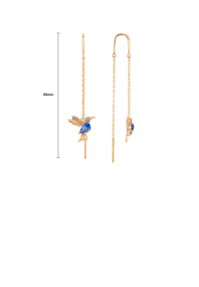 925 Sterling Silver Plated Gold Fashion Swallow Tassel Earrings with Blue Cubic Zirconia - Luxurious Look
