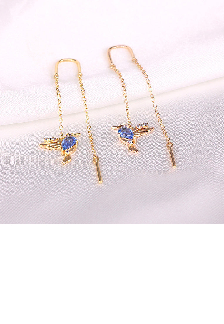 925 Sterling Silver Plated Gold Fashion Swallow Tassel Earrings with Blue Cubic Zirconia - Luxurious Look