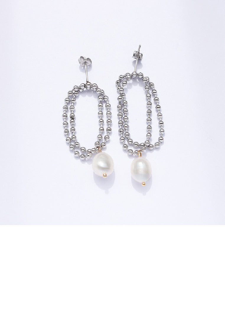 Fashion Personality 316L Stainless Steel Bead Geometric Double Layer Earrings with Imitation Pearls