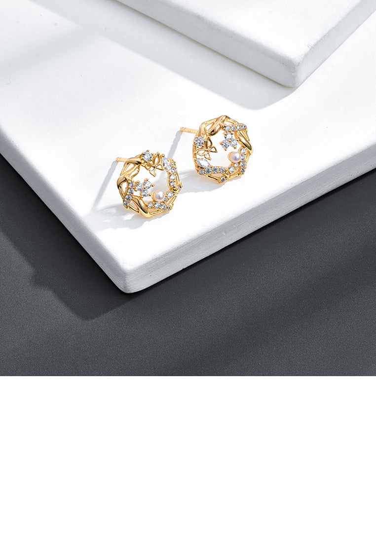 925 Sterling Silver Plated Gold Fashion Temperament Hollow Butterfly Geometric Freshwater Pearl Stud Earrings with Cubic Zirconia - Luxurious Look