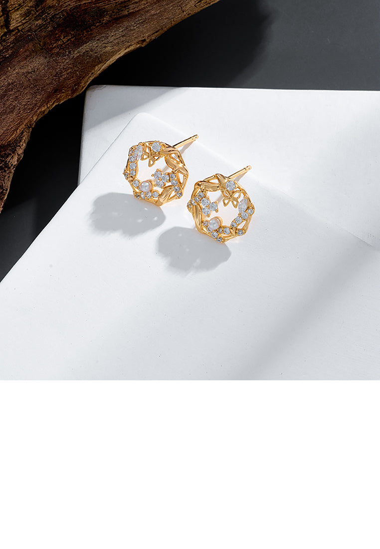 925 Sterling Silver Plated Gold Fashion Temperament Hollow Butterfly Geometric Freshwater Pearl Stud Earrings with Cubic Zirconia - Luxurious Look
