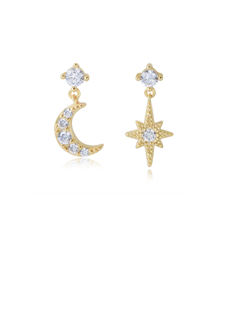925 Sterling Silver Plated Gold Fashion Simple Star Moon Asymmetric Stud Earrings with Cubic Zirconia - Luxurious Look