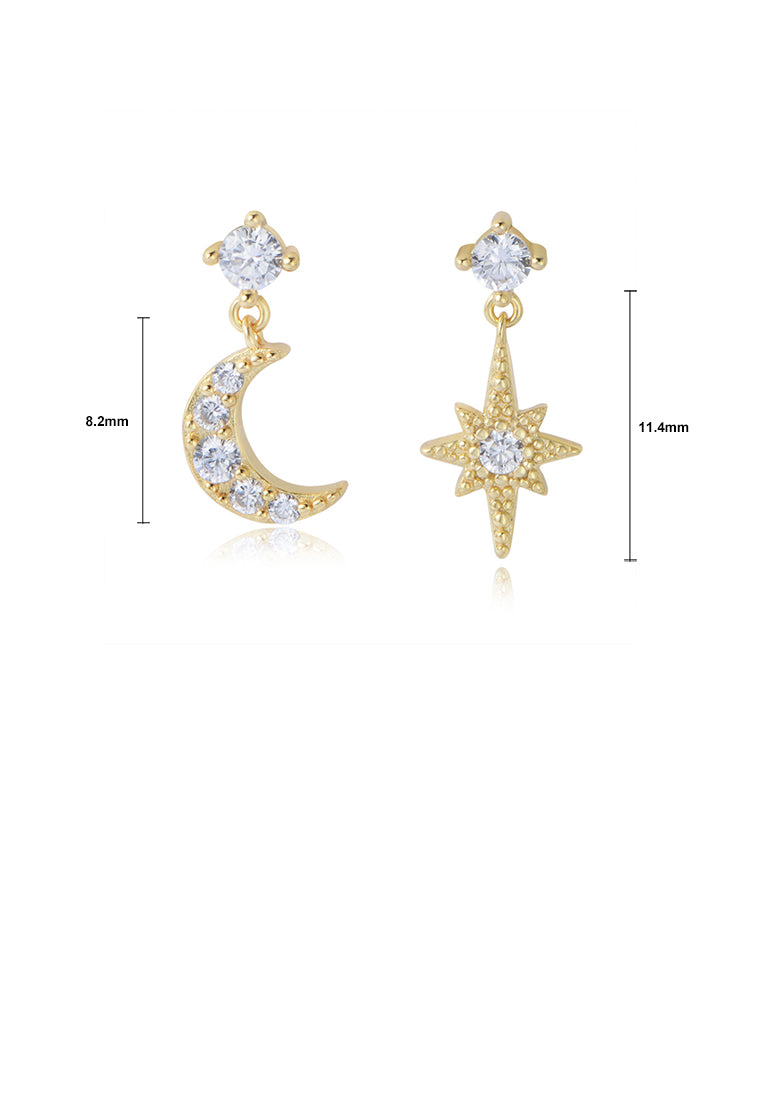 925 Sterling Silver Plated Gold Fashion Simple Star Moon Asymmetric Stud Earrings with Cubic Zirconia - Luxurious Look