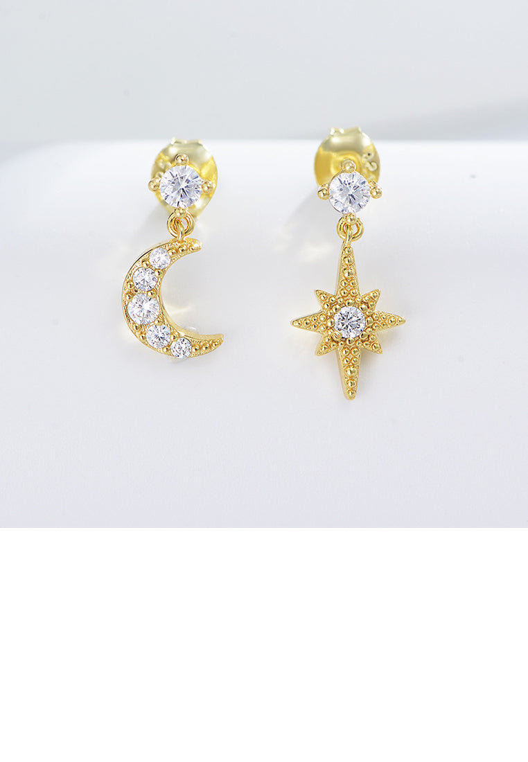 925 Sterling Silver Plated Gold Fashion Simple Star Moon Asymmetric Stud Earrings with Cubic Zirconia - Luxurious Look