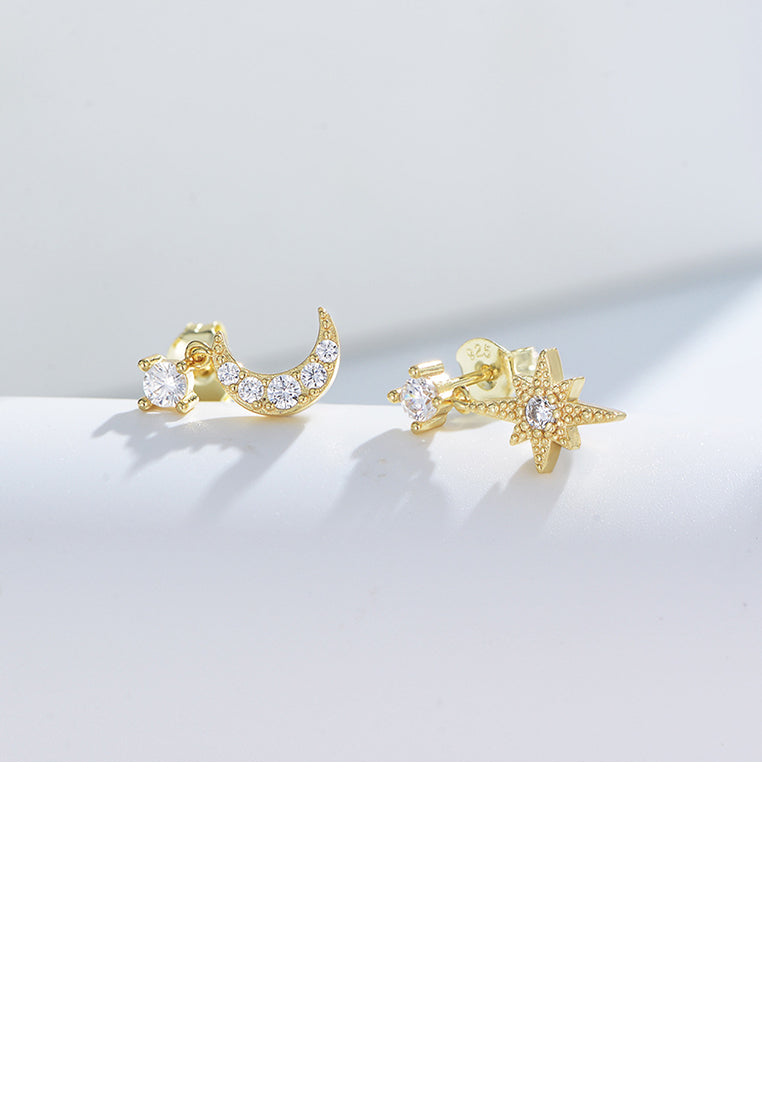 925 Sterling Silver Plated Gold Fashion Simple Star Moon Asymmetric Stud Earrings with Cubic Zirconia - Luxurious Look
