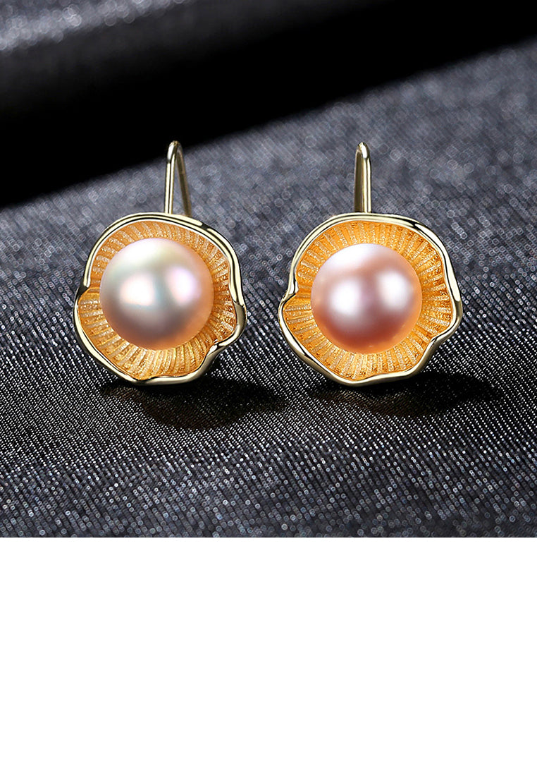 925 Sterling Silver Plated Gold Fashion Elegant Lotus-type Purple Freshwater Pearl Earrings - Luxurious Look