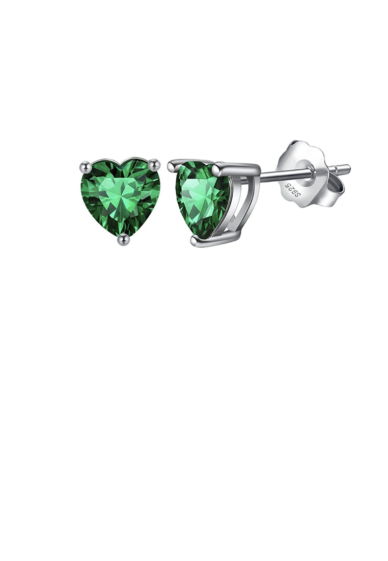 925 Sterling Silver Simple Fashion May Birthstone Heart Stud Earrings with Green Cubic Zirconia - Luxurious Look