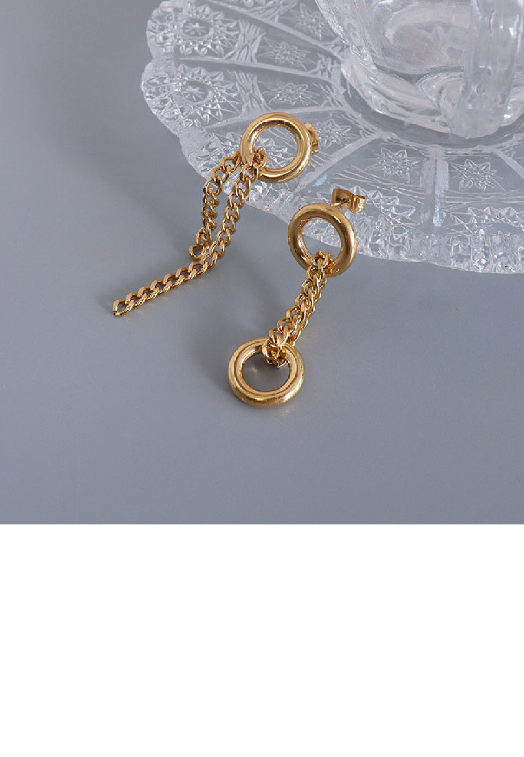Fashion Simple Plated Gold 316L Stainless Steel Double Ring Tassel Geometric Asymmetric Earrings