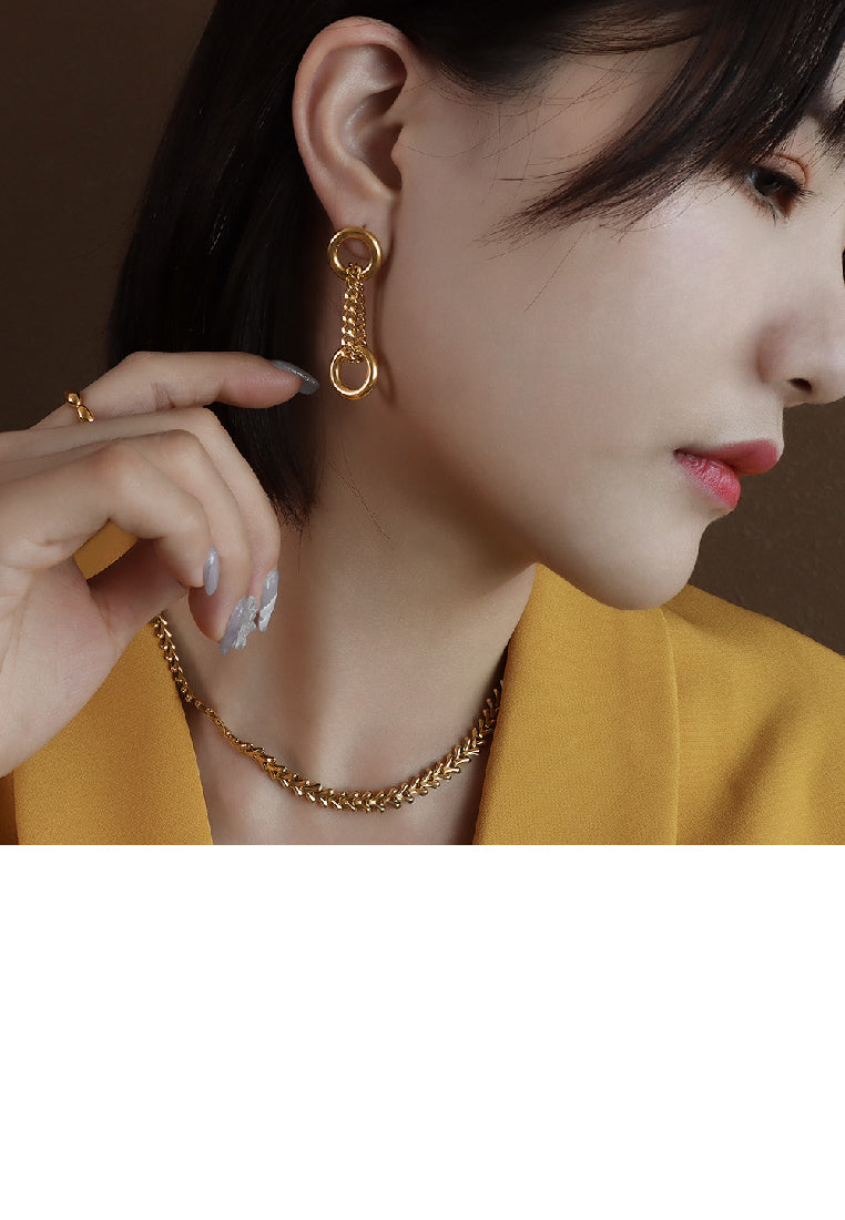 Fashion Simple Plated Gold 316L Stainless Steel Double Ring Tassel Geometric Asymmetric Earrings