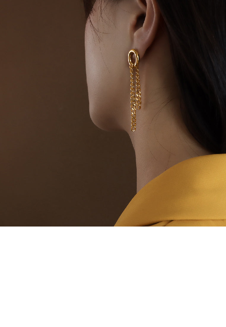 Fashion Simple Plated Gold 316L Stainless Steel Double Ring Tassel Geometric Asymmetric Earrings