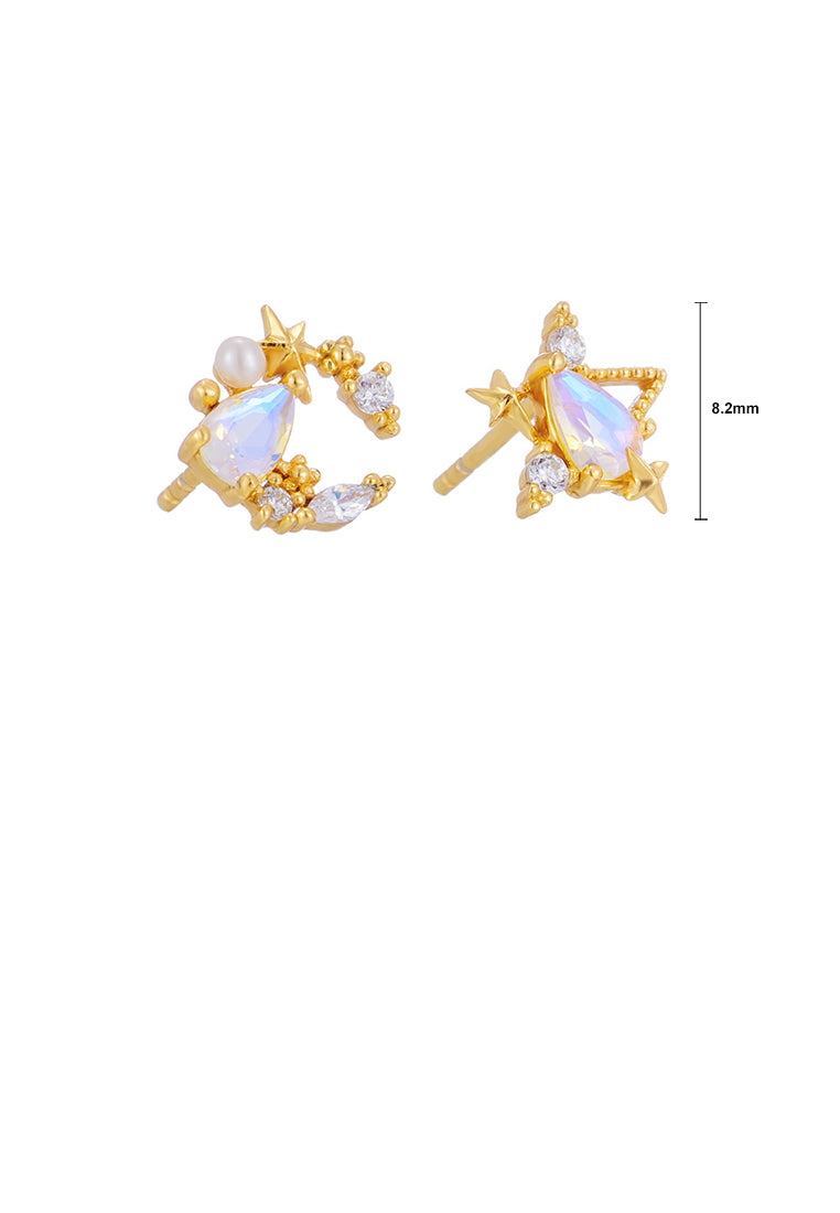 925 Sterling Silver Plated Gold Simple Fashion Moon Star Quartz Asymmetric Stud Earrings with Cubic Zirconia - Luxurious Look