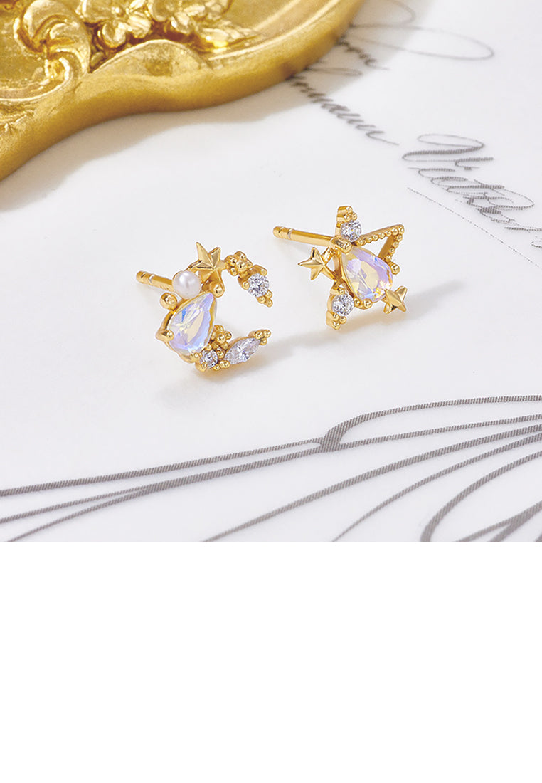 925 Sterling Silver Plated Gold Simple Fashion Moon Star Quartz Asymmetric Stud Earrings with Cubic Zirconia - Luxurious Look