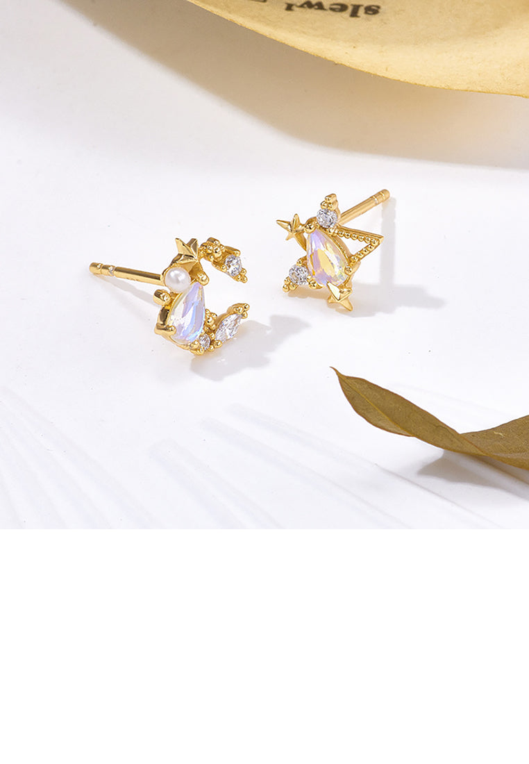 925 Sterling Silver Plated Gold Simple Fashion Moon Star Quartz Asymmetric Stud Earrings with Cubic Zirconia - Luxurious Look