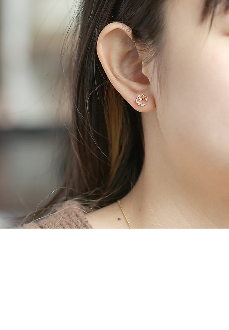925 Sterling Silver Plated Gold Simple Fashion Moon Star Quartz Asymmetric Stud Earrings with Cubic Zirconia - Luxurious Look