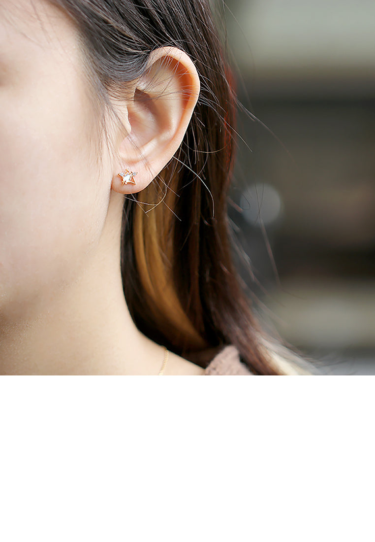 925 Sterling Silver Plated Gold Simple Fashion Moon Star Quartz Asymmetric Stud Earrings with Cubic Zirconia - Luxurious Look