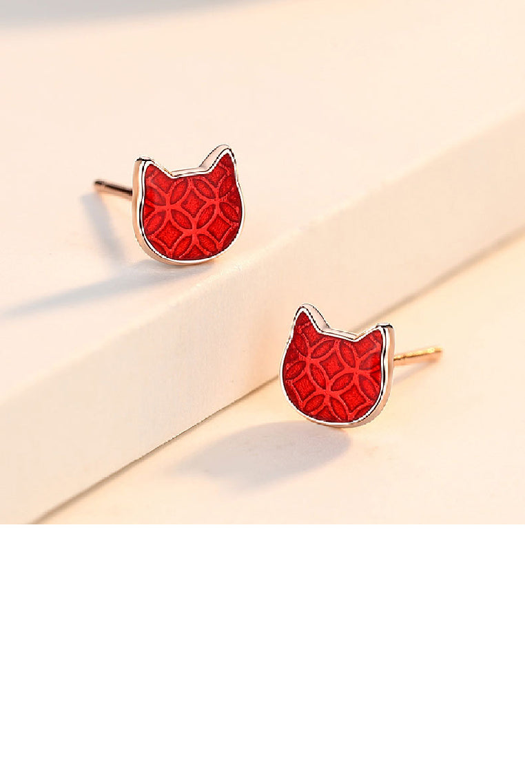 925 Sterling Silver Plated Rose Gold Simple Cute Coin Pattern Cat Stud Earrings