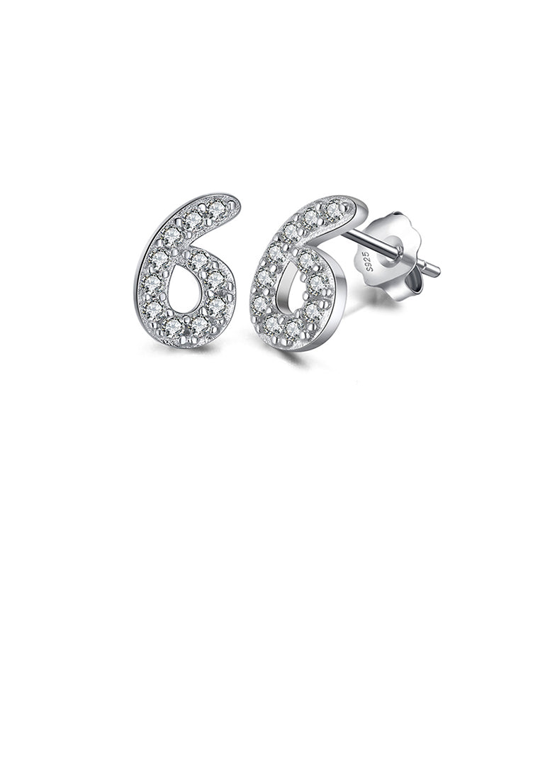925 Sterling Silver Simple Personality Number 6 Stud Earrings with Cubic Zirconia - Luxurious Look