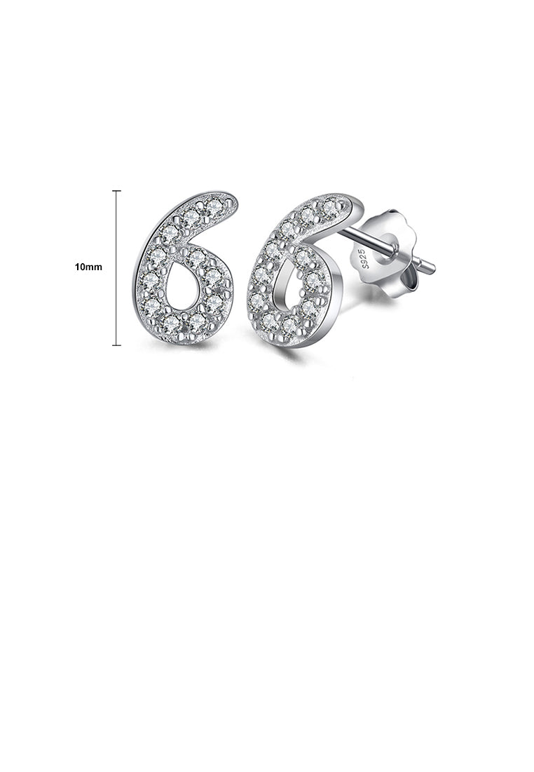 925 Sterling Silver Simple Personality Number 6 Stud Earrings with Cubic Zirconia - Luxurious Look