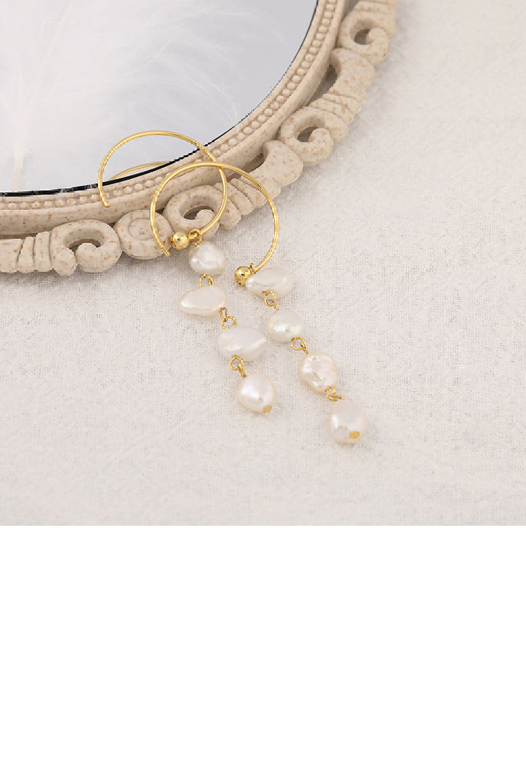 925 Sterling Silver Plated Gold Simple Irregular Freshwater Pearl Tassel Geometric Circle Earrings - Luxurious Look