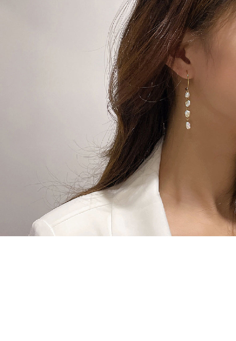 925 Sterling Silver Plated Gold Simple Irregular Freshwater Pearl Tassel Geometric Circle Earrings - Luxurious Look
