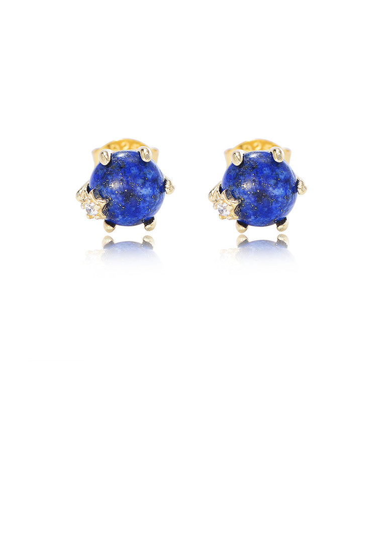 925 Sterling Silver Plated Gold Simple Elegant Geometric Round Lapis Stud Earrings