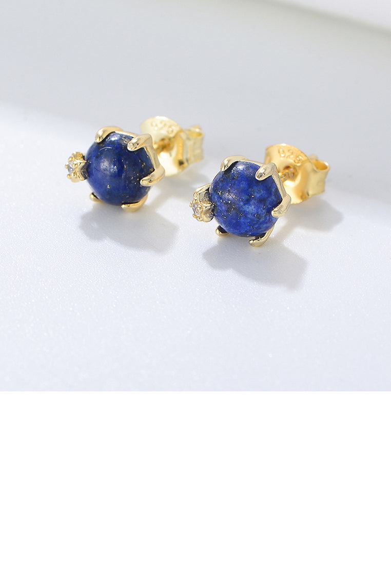 925 Sterling Silver Plated Gold Simple Elegant Geometric Round Lapis Stud Earrings