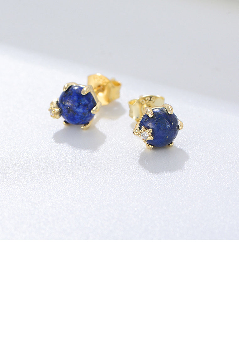 925 Sterling Silver Plated Gold Simple Elegant Geometric Round Lapis Stud Earrings