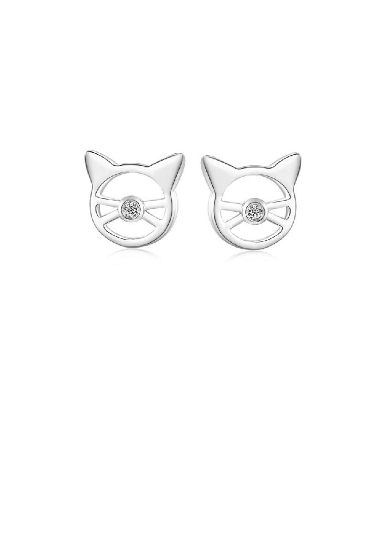 925 Sterling Silver Fashion Simple Hollow Cat Stud Earrings with Cubic Zirconia - Luxurious Look