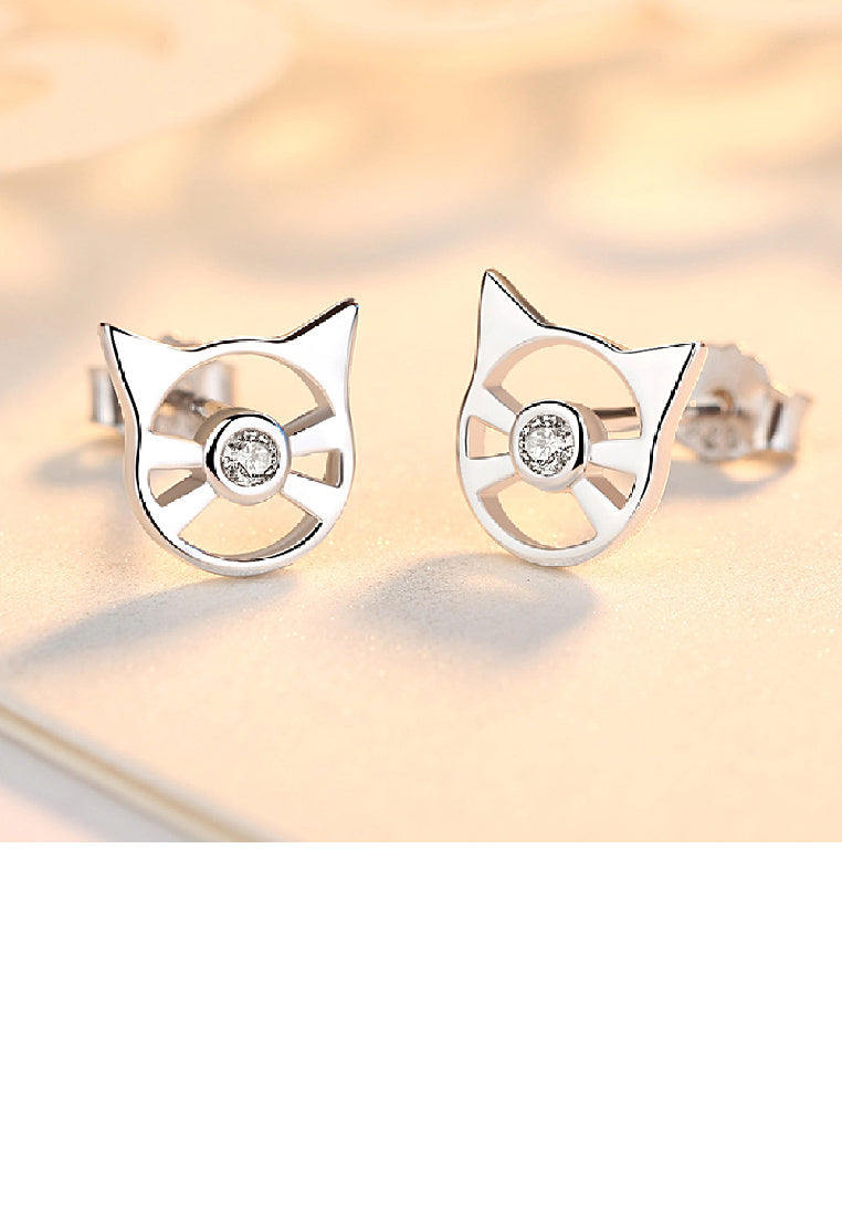 925 Sterling Silver Fashion Simple Hollow Cat Stud Earrings with Cubic Zirconia - Luxurious Look
