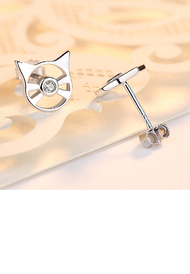 925 Sterling Silver Fashion Simple Hollow Cat Stud Earrings with Cubic Zirconia - Luxurious Look