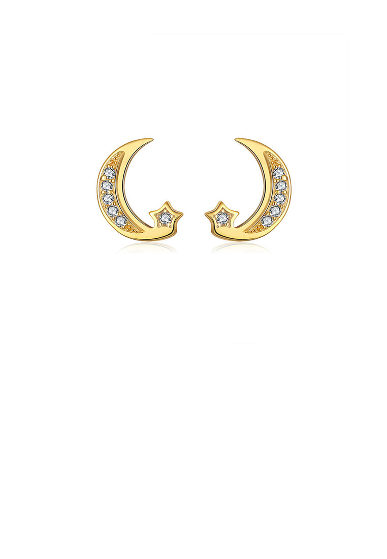 925 Sterling Silver Plated Gold Simple Fashion Moon Star Stud Earrings with Cubic Zirconia - Luxurious Look