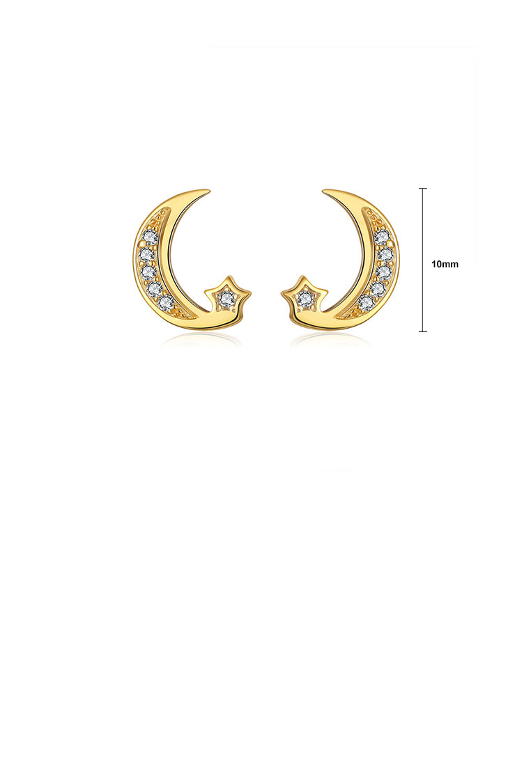 925 Sterling Silver Plated Gold Simple Fashion Moon Star Stud Earrings with Cubic Zirconia - Luxurious Look