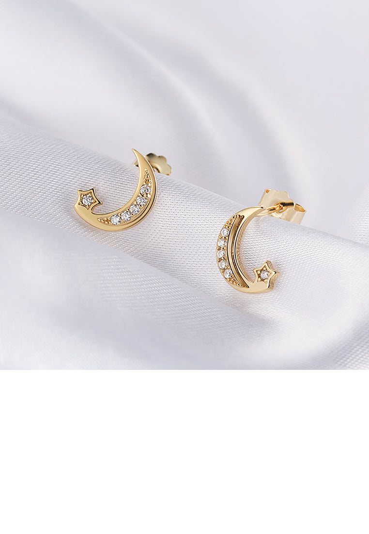 925 Sterling Silver Plated Gold Simple Fashion Moon Star Stud Earrings with Cubic Zirconia - Luxurious Look