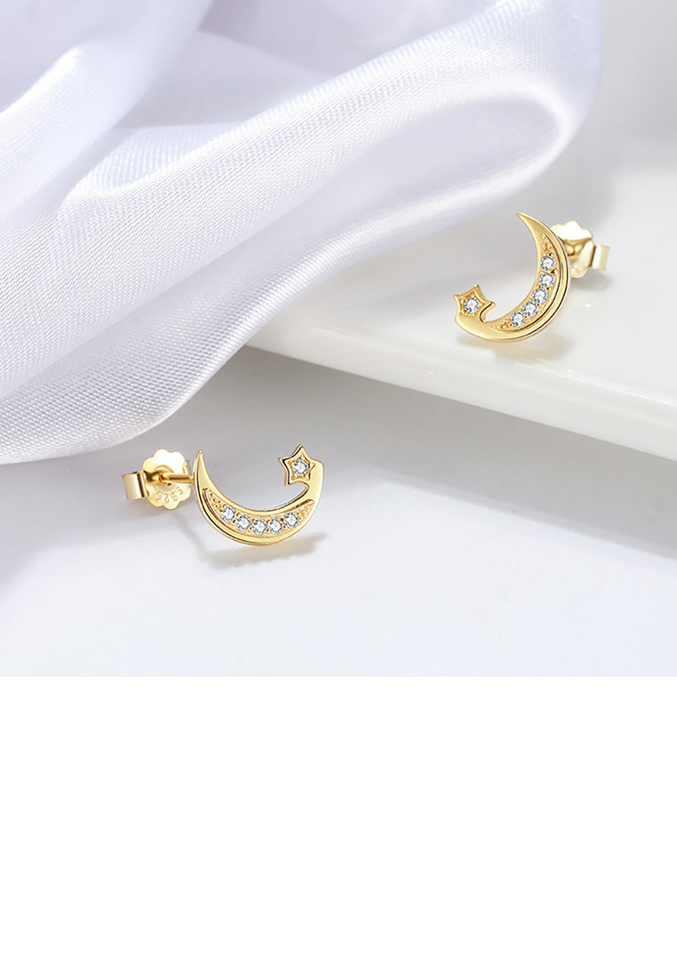 925 Sterling Silver Plated Gold Simple Fashion Moon Star Stud Earrings with Cubic Zirconia - Luxurious Look