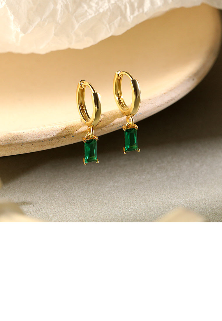925 Sterling Silver Plated Gold Simple Fashion Geometric Square Green Cubic Zirconia Circle Earrings - Luxurious Look