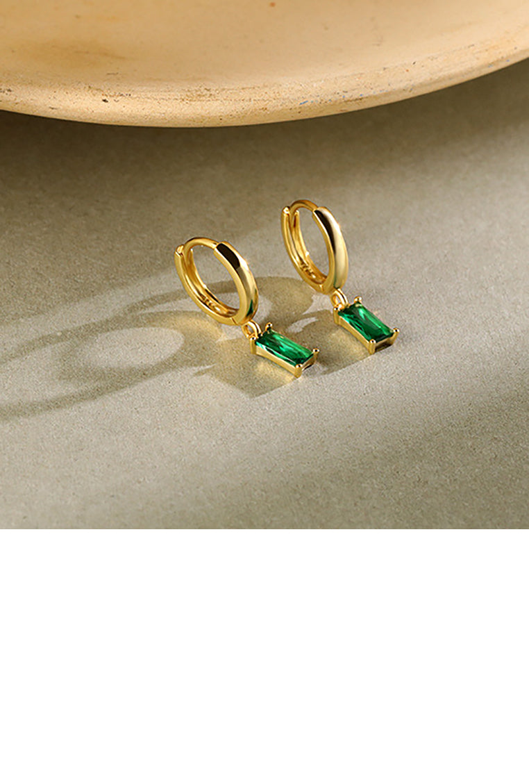 925 Sterling Silver Plated Gold Simple Fashion Geometric Square Green Cubic Zirconia Circle Earrings - Luxurious Look