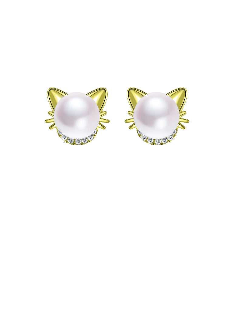 925 Sterling Silver Plated Gold Fashion Cute Cat Imitation Pearl Stud Earrings with Cubic Zirconia - Luxurious Look