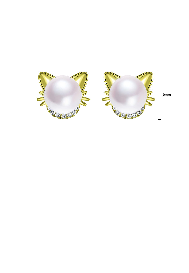 925 Sterling Silver Plated Gold Fashion Cute Cat Imitation Pearl Stud Earrings with Cubic Zirconia - Luxurious Look