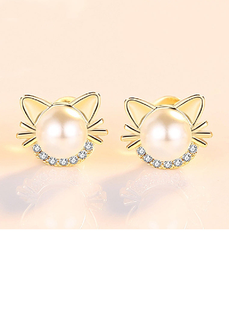 925 Sterling Silver Plated Gold Fashion Cute Cat Imitation Pearl Stud Earrings with Cubic Zirconia - Luxurious Look