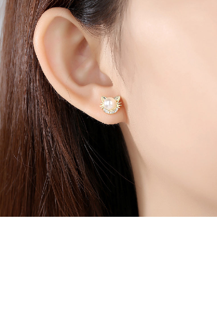 925 Sterling Silver Plated Gold Fashion Cute Cat Imitation Pearl Stud Earrings with Cubic Zirconia - Luxurious Look