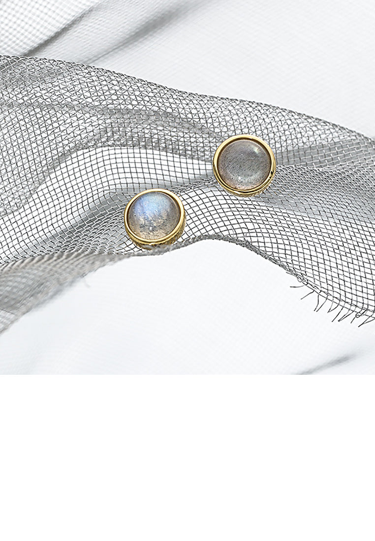 925 Sterling Silver Plated Gold Simple Fashion Round Labradorite Geometric Stud Earrings