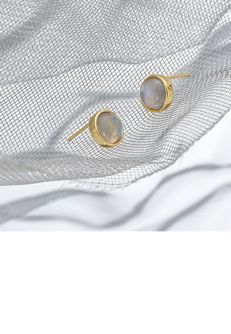 925 Sterling Silver Plated Gold Simple Fashion Round Labradorite Geometric Stud Earrings