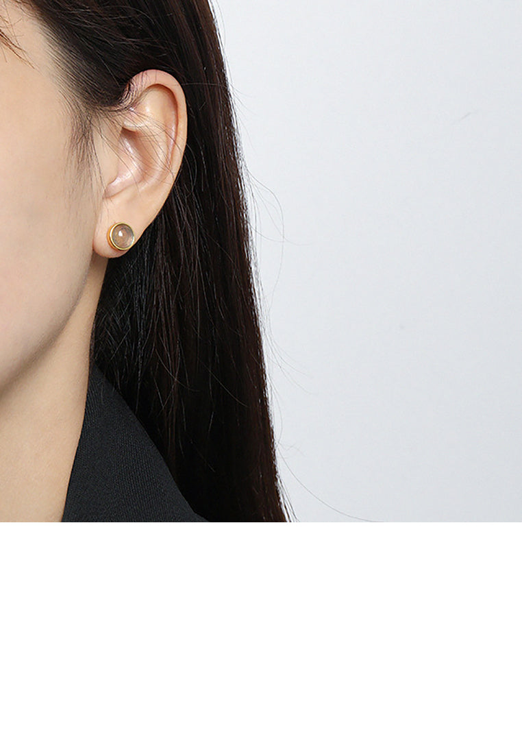 925 Sterling Silver Plated Gold Simple Fashion Round Labradorite Geometric Stud Earrings